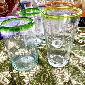5 Rim Colored Glasses.  2 Are Libby and 3 are hand blown Mexican Glasses.  Used